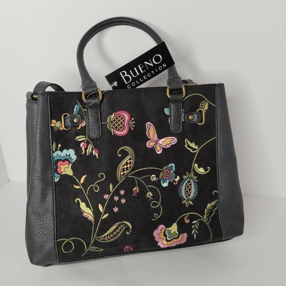 Bueno Black Leather Floral/Butterfly Tote Bag - Large